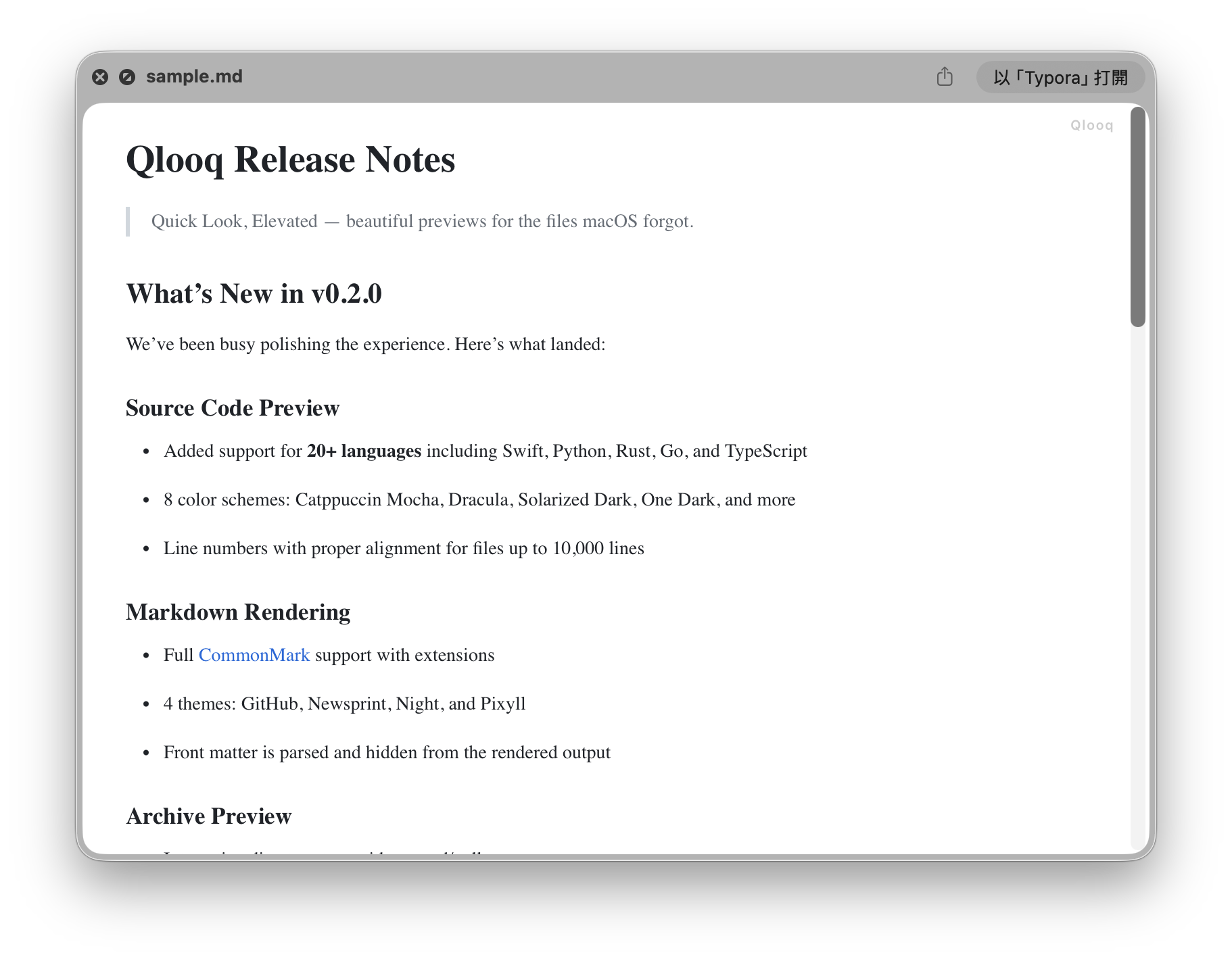 Qlooq previewing a Markdown file